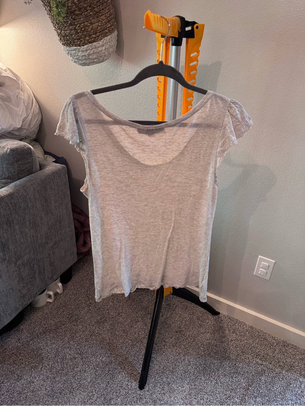 LOFT Light Gray Short Sleeve Scoop Neck Tee with Lace Trim